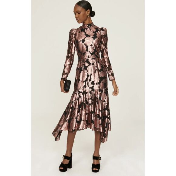 Yumi Kim Connie Midi Dress Brocade Rose Black Metallic Floral Long Sleeves XS - Picture 1 of 5